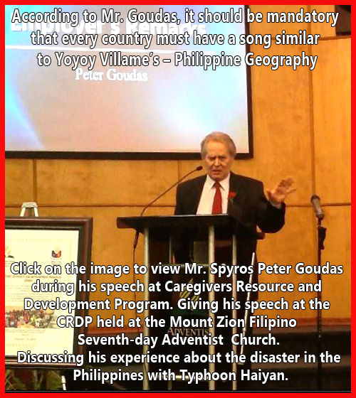 Mr. Spyros Peter Goudas was invited as a guest speaker at this function for numerous reasons.   Firstly, he had the task of making an employer's remark because he has been fortunate to have a Filipino caregiver.  Secondly, Mr. Goudas has been actively involved with Mount Zion's feeding programs of the homeless and unprivileged in our city.   Thirdly, he was also the recipient of a Certificate of Appreciation award a few years ago for his support to said organisation.  Fourthly, he was homeless and sleeping on the street early in his career when arrived in Canada.