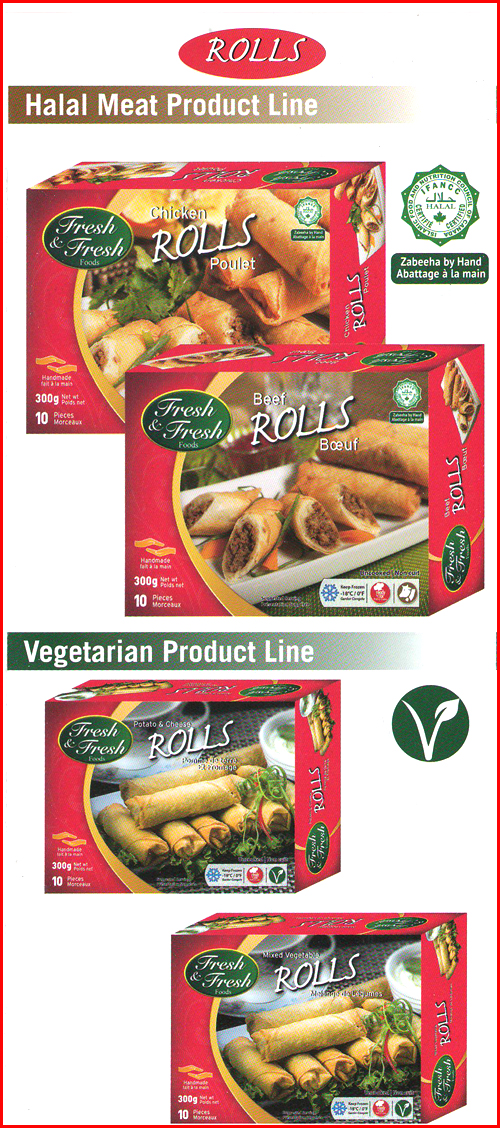 Fresh and Fresh Foods Halal Chicken and Beef Rolls, Vegetarian Potato and Cheese Rolls and Mixed Vegetable Rolls.  Posted in FlyerMall.com